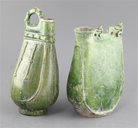 Two Chinese green-glazed flasks, possibly Liao dynasty, 26.5cm and 29.5cm